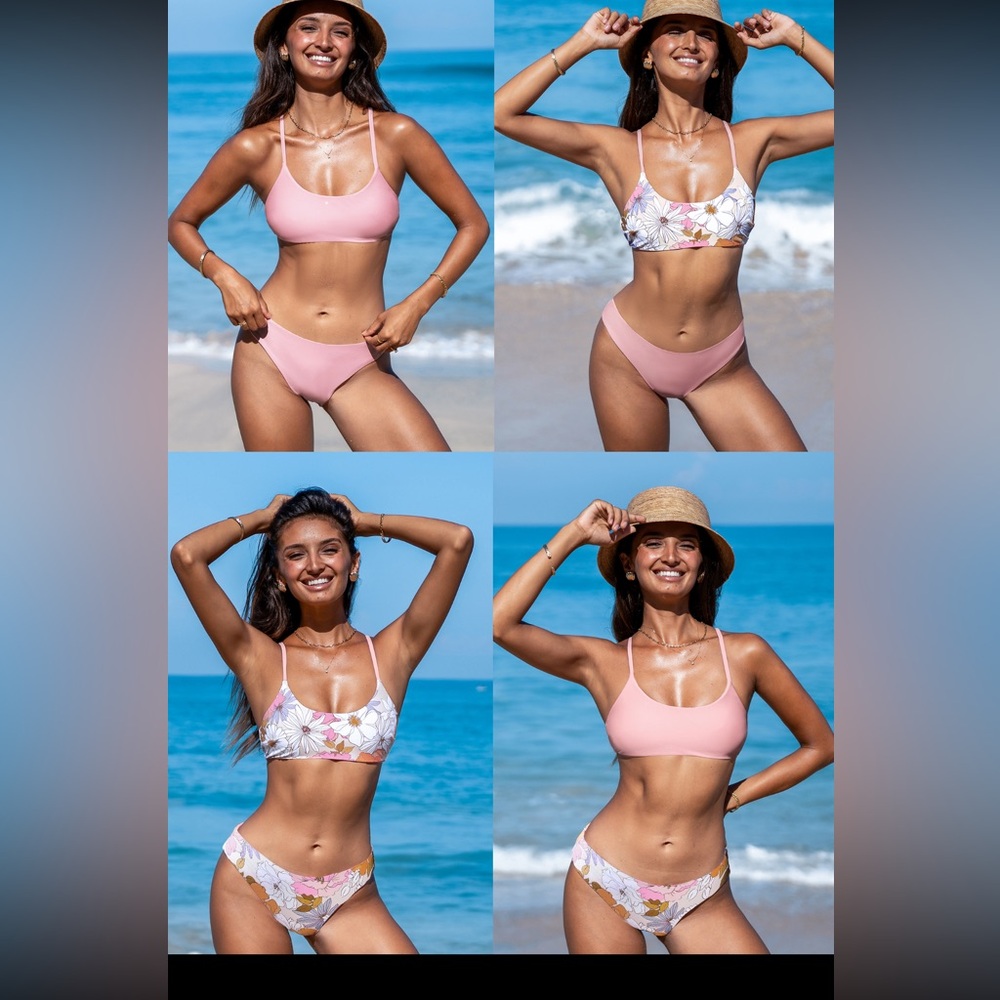 Reversible Floral, scoop, neck, bikini top, and standard bottoms set